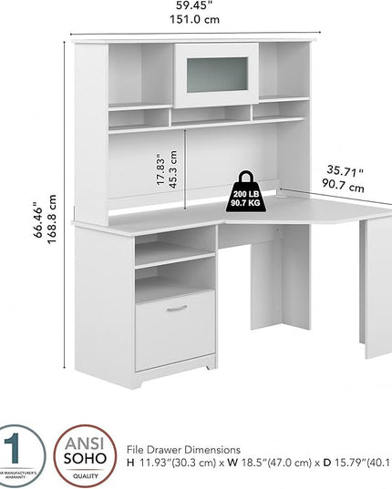 Bush Furniture Cabot 60W Corner Desk with Hutch in White - LeafyLoom