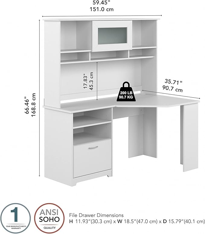 Bush Furniture Cabot 60W Corner Desk with Hutch in White - LeafyLoom