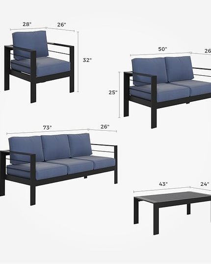 Solaste Aluminum Patio Furniture Set,5 Pieces Modern Outdoor Conversation Set Sectional Sofa with Upgrade Cushion and Coffee Table,Black Frame and Blue Cushion - LeafyLoom