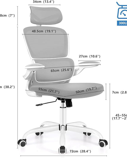 Ergonomic Office Chair, High Back Mesh Desk Chair with Lumbar Support and Adjustable Headrest, Computer Gaming Chair with Flip-up Armrests, Executive Swivel Chair for Home Office (LightGray) - LeafyLoom