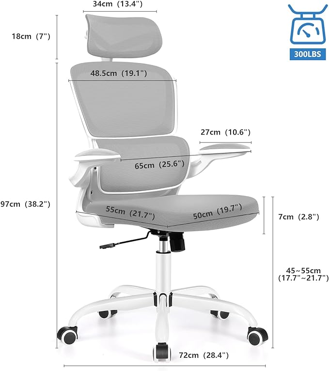 Ergonomic Office Chair, High Back Mesh Desk Chair with Lumbar Support and Adjustable Headrest, Computer Gaming Chair with Flip-up Armrests, Executive Swivel Chair for Home Office (LightGray) - LeafyLoom