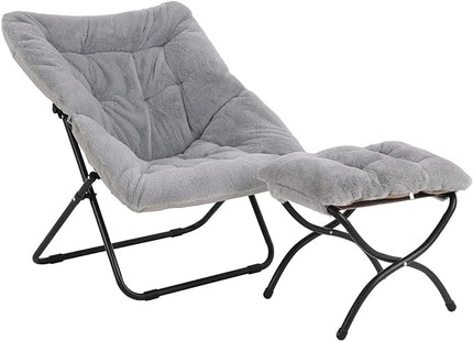 Tiita Saucer Chair with Ottoman, Soft Faux Fur Oversized Folding Accent Chair,Lounge Lazy Chair, Metal Frame Moon Chair for Bedroom, Living Room, Dorm Rooms, Garden and Courtyard - LeafyLoom