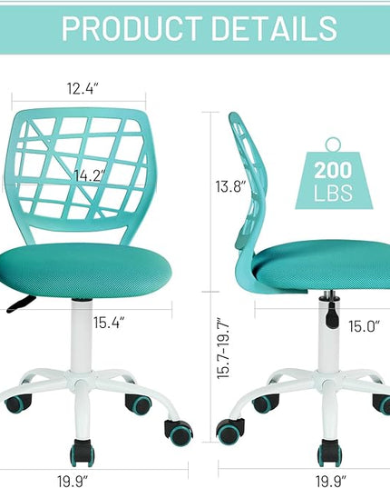 FurnitureR Kids Desk Chair, Armless Office Chair Small Adjsutable Swivel Task Chair with Soft Cushion for Study Kids Teens Child, Turquoise - LeafyLoom