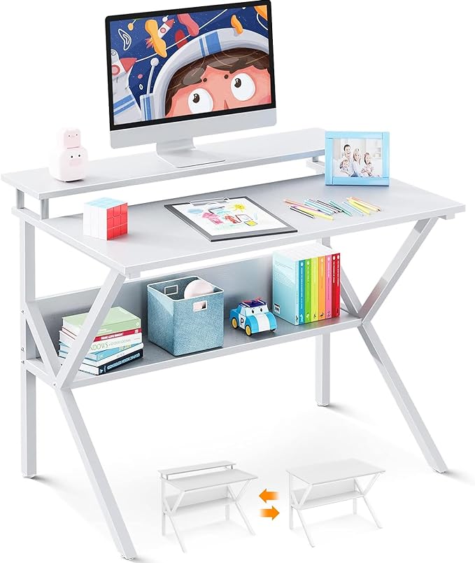 ODK Small Computer Desk, 27.5 inch Desk for Small Spaces with Storage, Compact Table with Monitor & Storage Shelves for Home Office, Modern Style Laptop Desk, Pure White - LeafyLoom