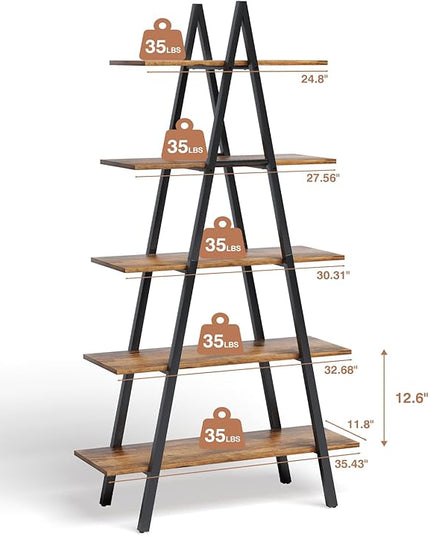 5-Tier Ladder Bookshelf, Industrial A-Shaped Bookcase, Christmas Village Display Stand, Tall Ladder Shelf Storage Organizer for Living Room, Home Office, Black - LeafyLoom