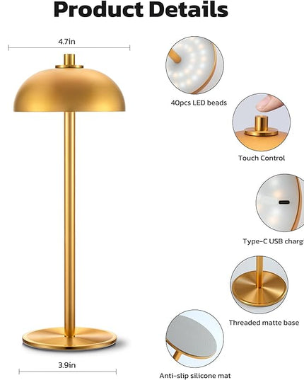 2 Pack Cordless Table Lamp, 5000mAh Portable Rechargeable Table Lamp, 3 Color Modes Stepless Dimming Table Light with Memory Function, for Dinner, Patio, Home, Restaurant.(Gold) - LeafyLoom