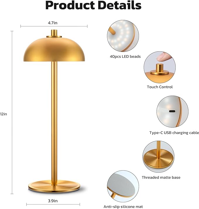 2 Pack Cordless Table Lamp, 5000mAh Portable Rechargeable Table Lamp, 3 Color Modes Stepless Dimming Table Light with Memory Function, for Dinner, Patio, Home, Restaurant.(Gold) - LeafyLoom