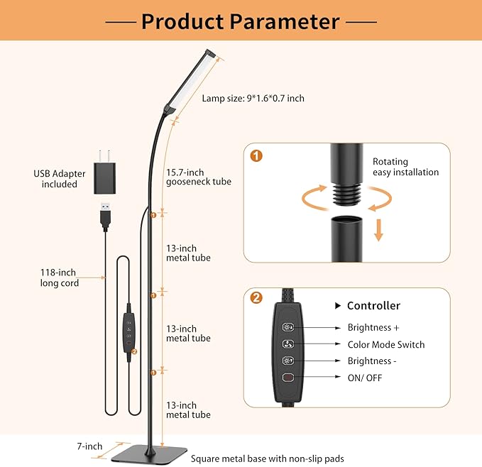 LED Floor Lamp, Reading Lamps Floor Standing [120 LEDs with 3 Color Mode 3000K-6000K & 10 Brightness Setting] Dimmable Desk Light with Flexible Gooseneck for Living Room Bedroom Office - LeafyLoom