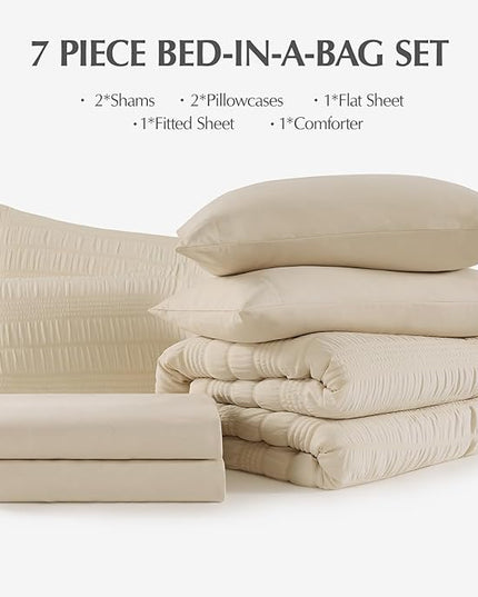 CASAAGUSTO Queen Comforter Set, 7 Pieces Beige Seersucker Bed in a Bag Queen Size Soft All Seasons, Bedding Sets with Comforter, Flat Sheet, Fitted Sheet, 2 Pillow Shams, 2 Pillowcases - LeafyLoom