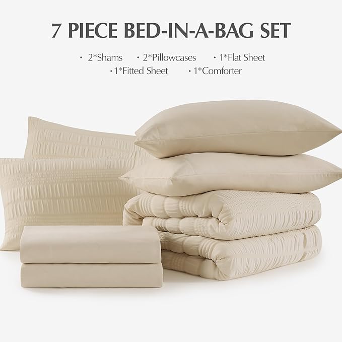 CASAAGUSTO King Size Comforter Set, 7 Pieces Beige Seersucker Bed in a Bag King Soft All Seasons, Bedding Sets King with Comforter, Flat Sheet, Fitted Sheet, 2 Pillow Shams, 2 Pillowcases - LeafyLoom