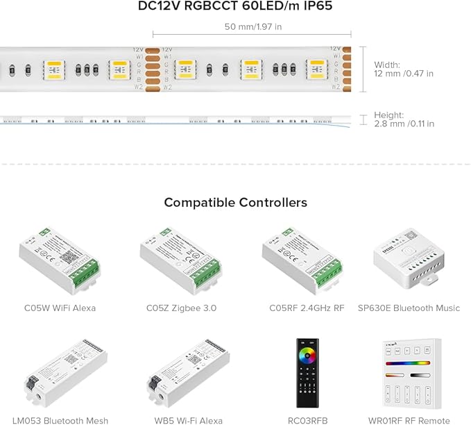 BTF-LIGHTING RGBCCT 5 Colors in 1 LED 5050SMD RGBWW RGB+Dimmable Tunable Color Temperature 2700K-6500K 16.4ft 60LEDs/m 300LEDs DC12V Multi-Colored Tape Lights IP65 White PCB(No Adapter or Controller) BTF-LIGHTING