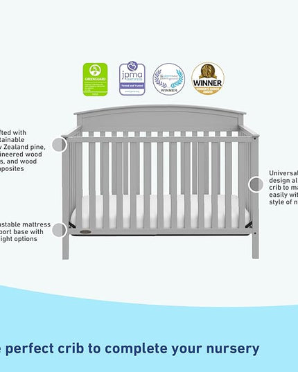Graco Benton 5-in-1 Convertible Crib (Pebble Gray) – GREENGUARD Gold Certified, Converts from Baby Crib to Toddler Bed, Daybed and Full-Size Bed, Fits Standard Full-Size Crib Mattress - LeafyLoom