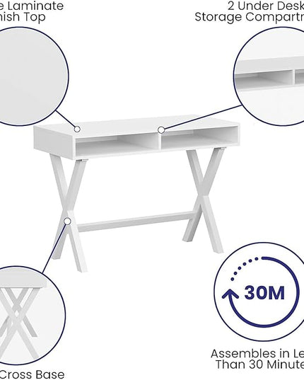 Flash Furniture Dolly Computer Desk - White Writing Desk with Open Storage Compartments - 42" Long Home Office Desk Table for Bedroom - LeafyLoom