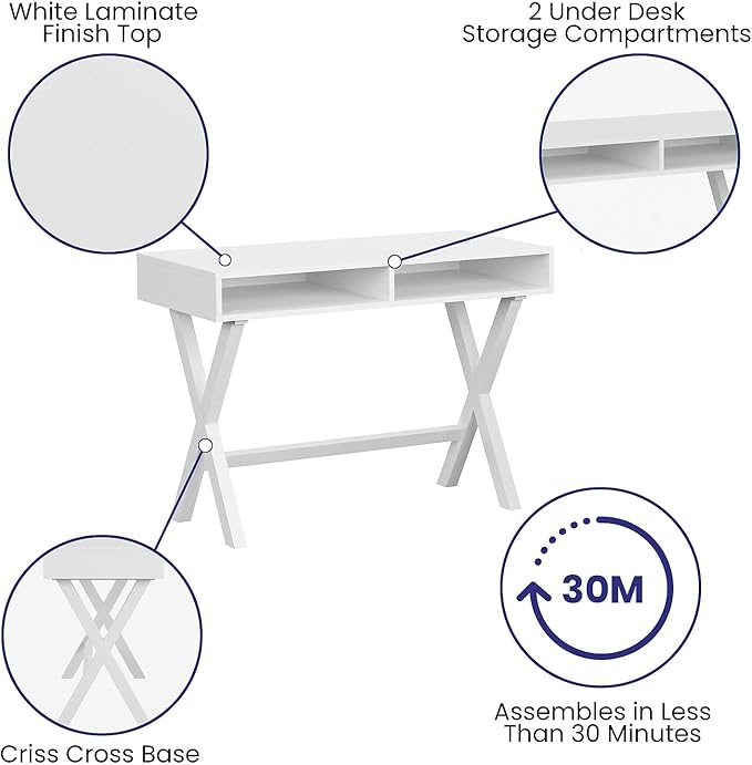 Flash Furniture Dolly Computer Desk - White Writing Desk with Open Storage Compartments - 42" Long Home Office Desk Table for Bedroom - LeafyLoom