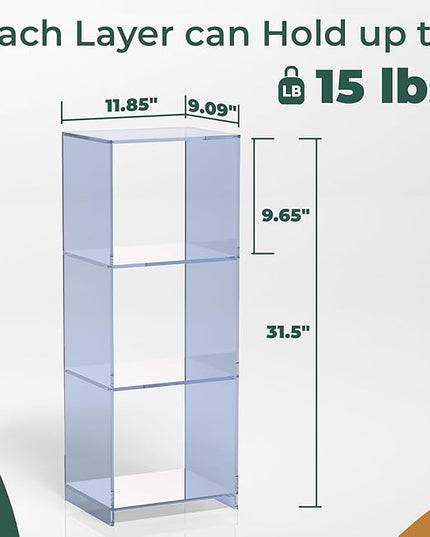 Acrylic Bookcase, 3 Tier Clear Floor Standing Bookshelf, 31.5 inch Tall Display Cube Storage Shelf Home Decor Furniture for Home, Office, Living Room, Bedroom - Transparent Blue - LeafyLoom