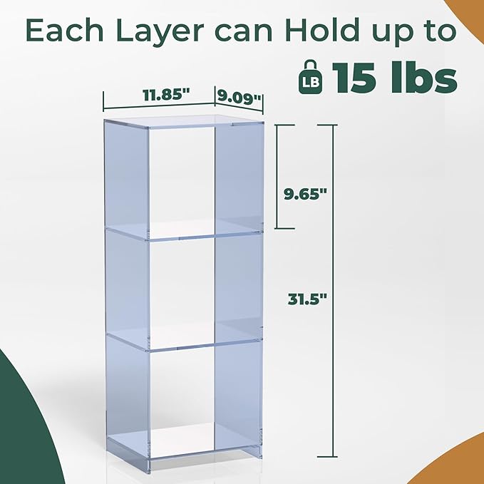 Acrylic Bookcase, 3 Tier Clear Floor Standing Bookshelf, 31.5 inch Tall Display Cube Storage Shelf Home Decor Furniture for Home, Office, Living Room, Bedroom - Transparent Blue - LeafyLoom