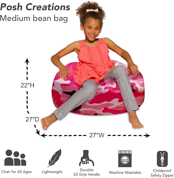 Posh Creations Bean Bag Chair for Kids, Teens, and Adults Includes Removable and Machine Washable Cover, Soft Nylon - Camo Pink and Black, 27in - Medium - LeafyLoom