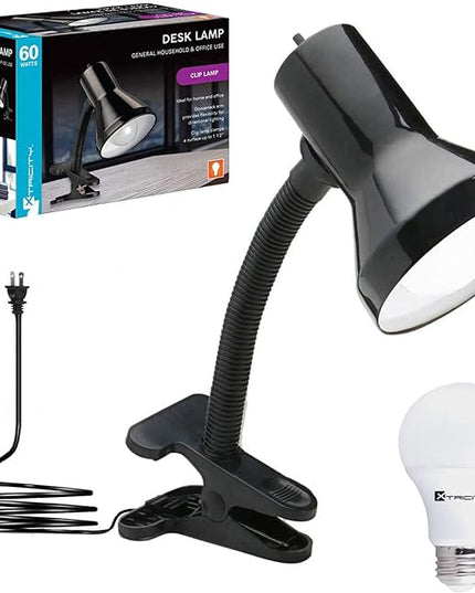 Xtricity Clip on Lamp with Clamp Base and Adjustable Gooseneck Desk lamp, Clip lamp for Bed 6W A19 LED Bulb Included, 120 Volt, Convenient On/Off Switch, 10.25 Inches Tall (26cm), Black Finish - LeafyLoom
