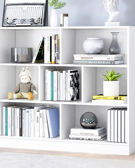 IOTXY Open Shelf Low Bookcase - Wooden 3-Tier Floor Standing Display Cabinet Organizer with Base, 7 Cubes Short Horizontal Bookshelf in Warm White - LeafyLoom