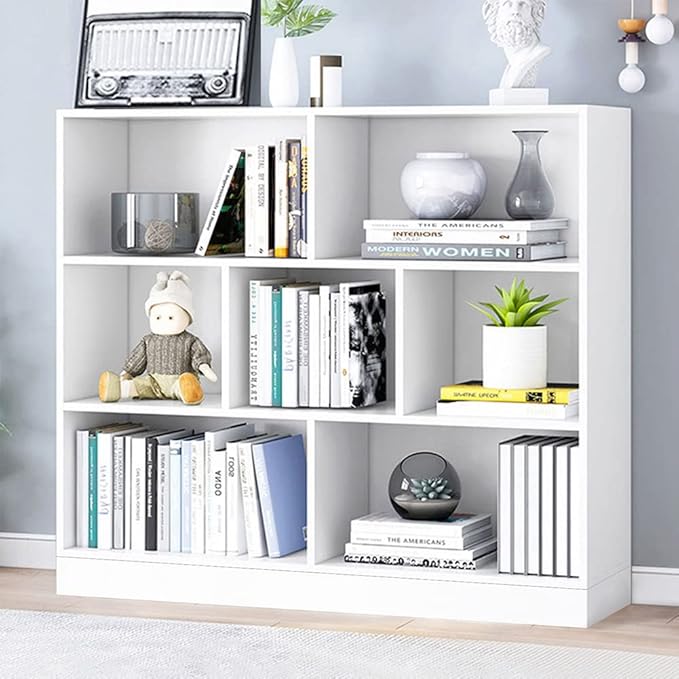 IOTXY Open Shelf Low Bookcase - Wooden 3-Tier Floor Standing Display Cabinet Organizer with Base, 7 Cubes Short Horizontal Bookshelf in Warm White - LeafyLoom