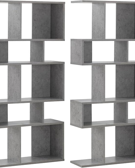 Giantex 5-Tier Geometric Bookshelf Set of 2, 70'' Tall Wood Freestanding Decorative Display Open Shelves with Anti-Tipping Device, Each Shelf Holds up to 44 lbs, Wooden S Shaped Bookcase, Gray - LeafyLoom