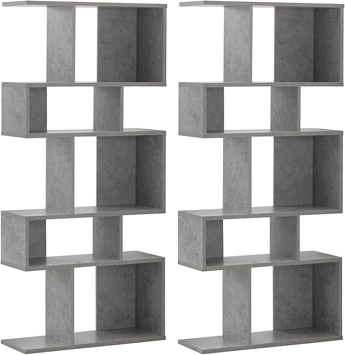 Giantex 5-Tier Geometric Bookshelf Set of 2, 70'' Tall Wood Freestanding Decorative Display Open Shelves with Anti-Tipping Device, Each Shelf Holds up to 44 lbs, Wooden S Shaped Bookcase, Gray - LeafyLoom