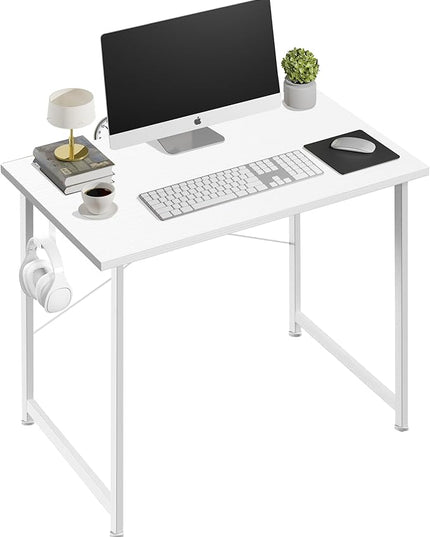 YSSOA Computer Desk Home Office Work Study Writing Modern Simple Table with Headphone Hooks, 32 Inch, Basic White - LeafyLoom