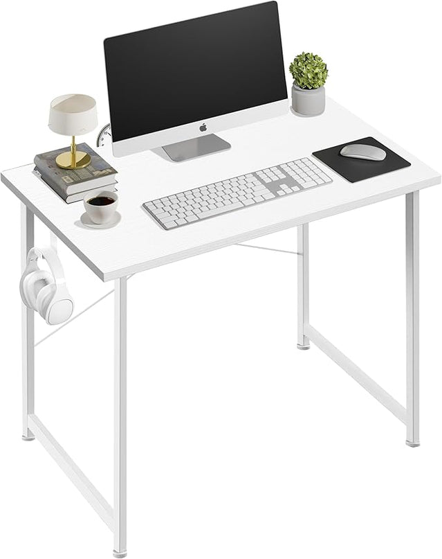 YSSOA Computer Desk Home Office Work Study Writing Modern Simple Table with Headphone Hooks, 32 Inch, Basic White - LeafyLoom