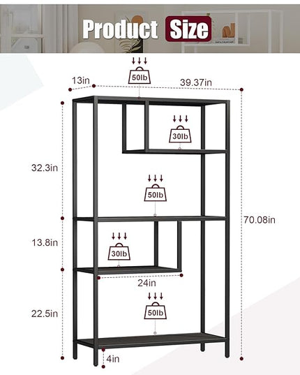 HOME BI Geometric Bookshelf, Tall Modern Etagere Bookcase, Industrial Metal Book Shelf with 5 Open Display Shelves for Office Living Room, Black - LeafyLoom