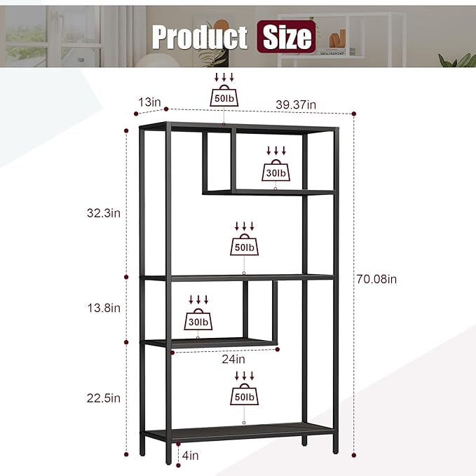 HOME BI Geometric Bookshelf, Tall Modern Etagere Bookcase, Industrial Metal Book Shelf with 5 Open Display Shelves for Office Living Room, Black - LeafyLoom