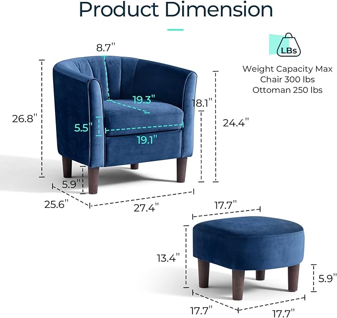 Velvet Accent Chair, Barrel Chair with Ottoman, Modern Comfy Reading Chair Armchair for Living Room Study Room Office, Blue - LeafyLoom