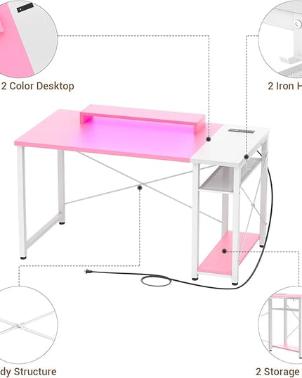 armocity Computer Desk with LED, Gaming Desk with Outlets, 40 Reversible Laptop Table with Monitor Stand, Small Desk for Small Spaces, Pink - LeafyLoom