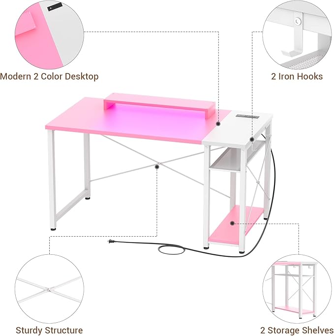 armocity Computer Desk with LED, Gaming Desk with Outlets, 40 Reversible Laptop Table with Monitor Stand, Small Desk for Small Spaces, Pink - LeafyLoom