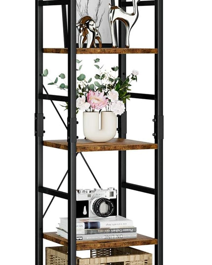 NUMENN 5 Tier Slim Bookshelf, Tall Bookcase Shelf Storage Organizer, Modern Book Shelf for Bedroom, Living Room and Home Office, Vintage - LeafyLoom