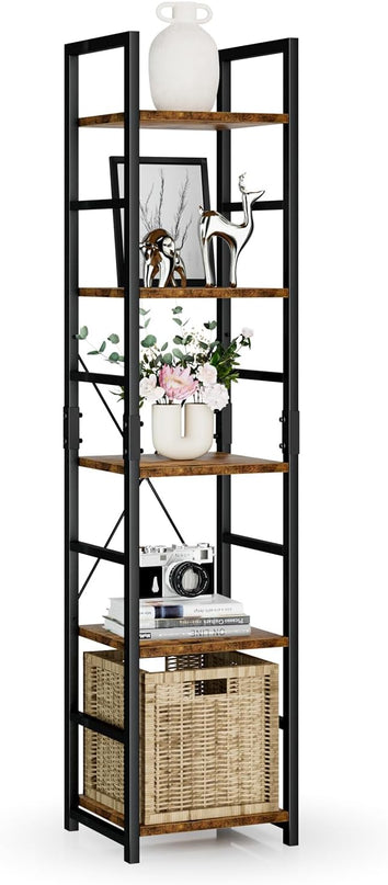 NUMENN 5 Tier Slim Bookshelf, Tall Bookcase Shelf Storage Organizer, Modern Book Shelf for Bedroom, Living Room and Home Office, Vintage - LeafyLoom