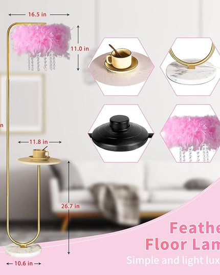 Unique Led Pink Feather Floor Lamp with Tray,Ostrich Feather Stand Lamp,Living Room Bedroom Office Shop Window Decoration Lamp,Foot Switch and Brass/Gold Finish Arc Floor Lamp - LeafyLoom