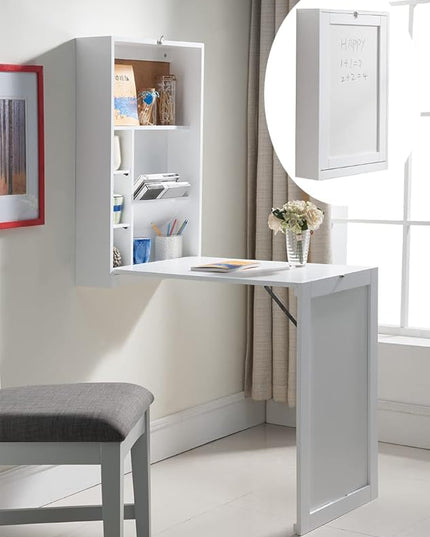 KB Designs - Wall Mounted Fold Out Floating Desk Table with Storage Shelves, White - LeafyLoom