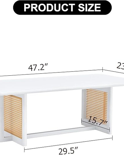 Chinese Style Coffee Table, Rattan Rectangular Solid Wood Coffee Table, Mid Century Modern Coffee Table Center Table Tea Table for Living Room Office, White - LeafyLoom
