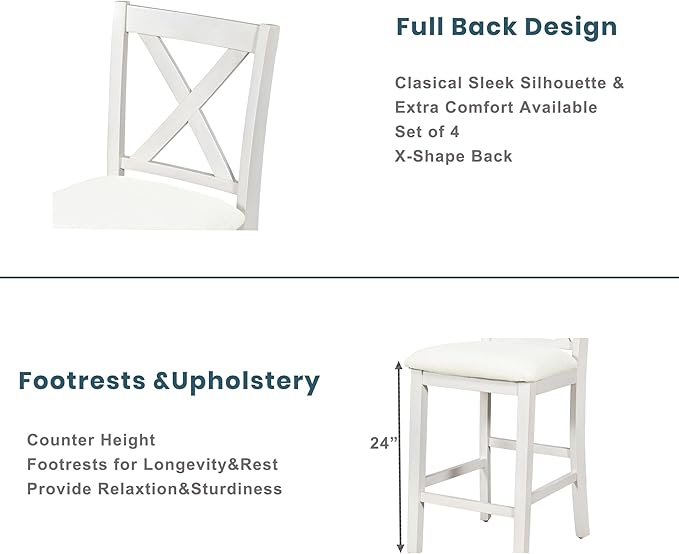 Farmhouse Style Counter Height Rustic wit 4 Chairs, Long-Lasting Solid Rubber Wooden Bar, Easy Assembly, Room, Kitchen, 5 Piece Dining Table Set, White 20 - LeafyLoom