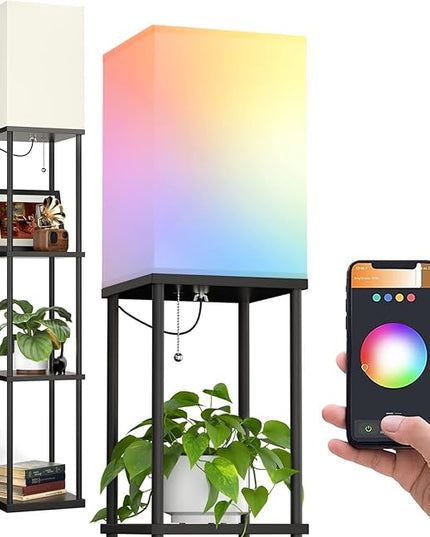 addlon Floor Lamp with Shelves with LED Smart RGB Bulb, 4-Tier Modern Shelf Display for Living Room, Bedroom and Office - Black - LeafyLoom