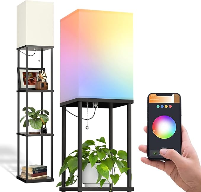 addlon Floor Lamp with Shelves with LED Smart RGB Bulb, 4-Tier Modern Shelf Display for Living Room, Bedroom and Office - Black - LeafyLoom