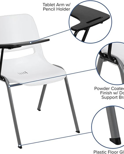 Flash Furniture HERCULES White Ergonomic Shell Chair with Right Handed Flip-Up Tablet Arm - LeafyLoom