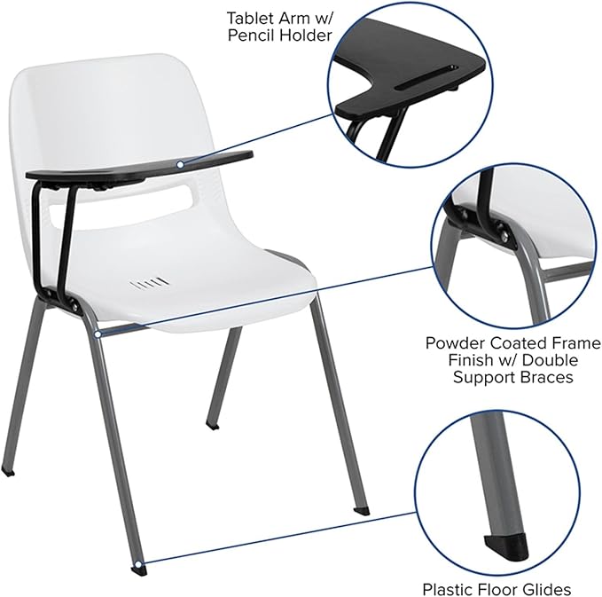 Flash Furniture HERCULES White Ergonomic Shell Chair with Right Handed Flip-Up Tablet Arm - LeafyLoom