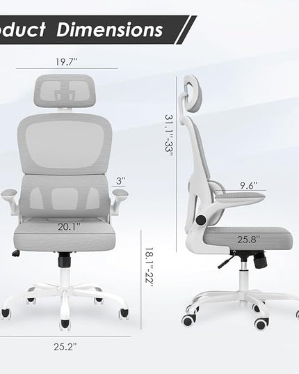 Soohow Ergonomic Home Office Chair, Mesh Desk Chair with Lumbar Support, Comfy Computer Desk Chair with Flip Armrest Rolling Wheels, Adjustable Headrest, Grey. - LeafyLoom