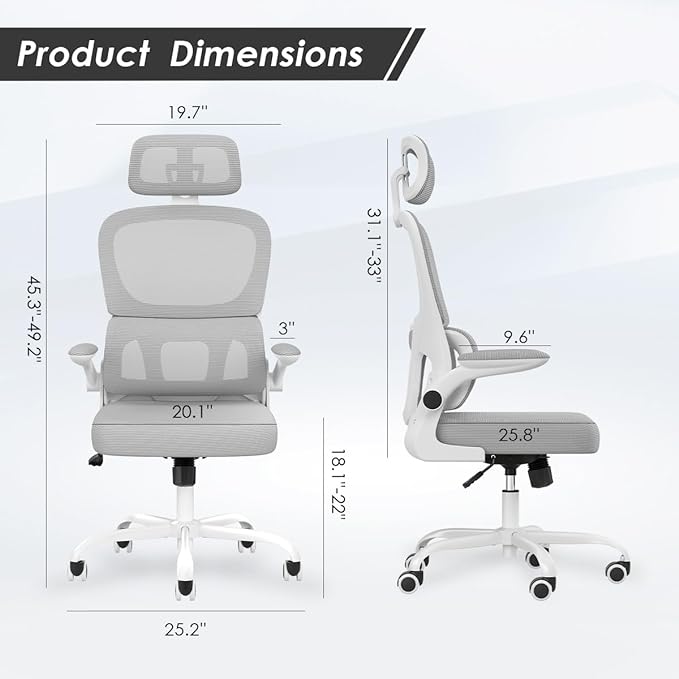Soohow Ergonomic Home Office Chair, Mesh Desk Chair with Lumbar Support, Comfy Computer Desk Chair with Flip Armrest Rolling Wheels, Adjustable Headrest, Grey. - LeafyLoom