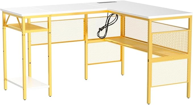 Unikito L Shaped Desk with Power Outlets and USB Charging Ports, Reversible L-Shaped Corner Desks with Storage Shelves, Unique Grid Design, 2 Person Gaming Computer Table for Home Office, White - LeafyLoom
