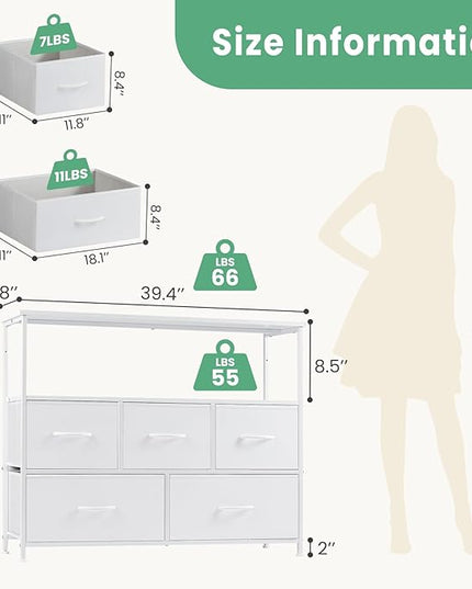 ANTONIA TV Stand Dresser for Bedroom with 5 Fabric Drawer, Entertainment Center for 45 inch Television, Media Console Table with Storage, Open Shelf, Adjustable Feet, Living Room Furniture, White - LeafyLoom