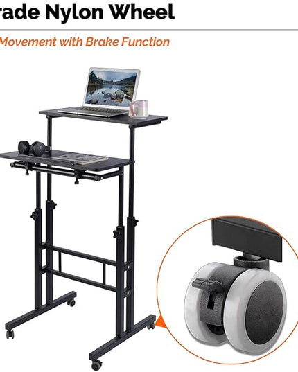 AIZ Adjustable Desk with Rolling Wheels, Portable Laptop Table for Standing or Sitting, Home Office Computer Workstation for Adults or Children,Black - LeafyLoom