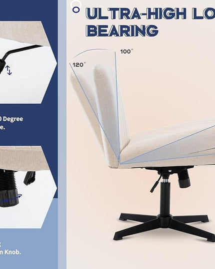 Armless Office Chair Wide Desk Chair Mid Back Accent Chair Padded Swivel Vanity Chair for Girl Women Computer Task Chair for Home Office (Linen, Beige with Cross Base) - LeafyLoom