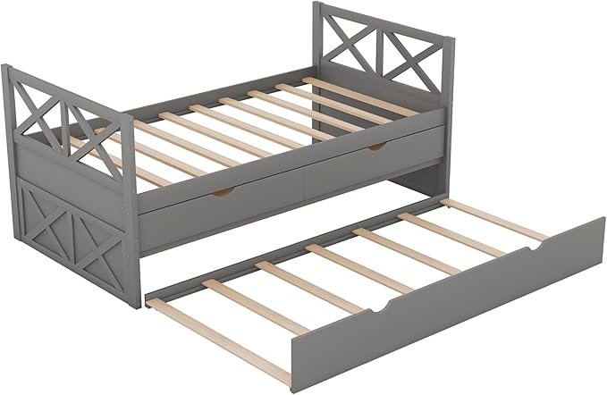 Twin Size Daybed with Storage Drawers and Trundle, Wood Twin Captains Bed frame for Bedroom and Living Room, Gray - LeafyLoom